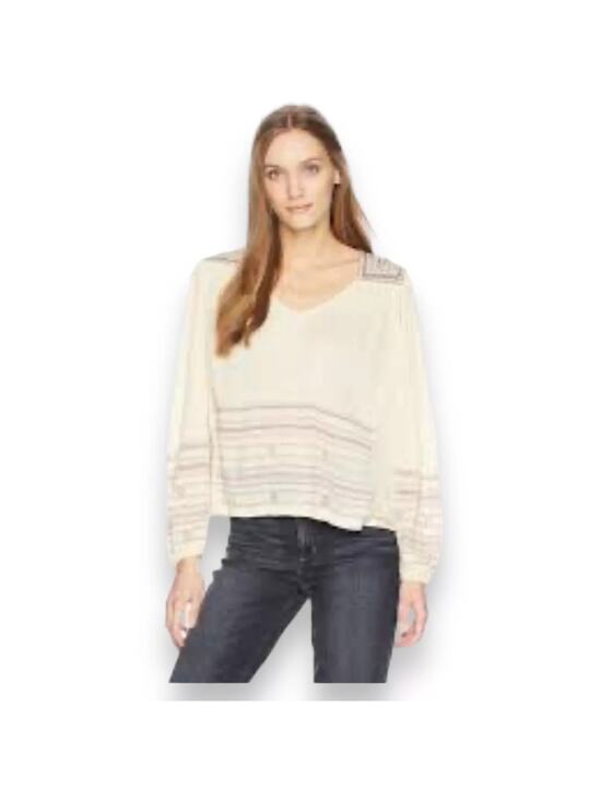 Lucky Brand Tops - Lucky Brand Embroidered Boho Peasant Blouse Beige Pink Long Sleeve Size S